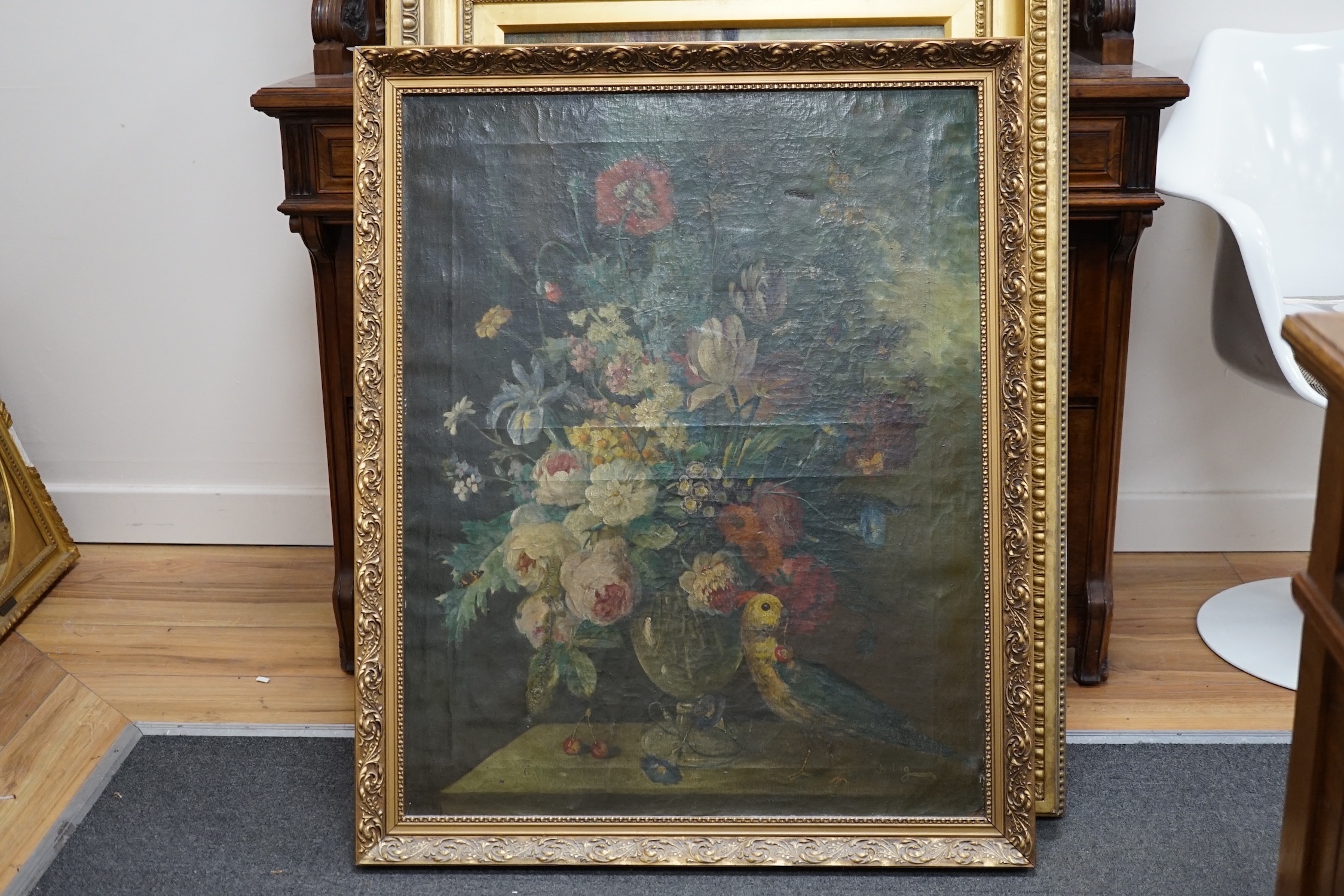 Josling, 19th century, oil on canvas, Still life of flowers in a vase with bird, signed, 79 x 63cm. Condition - poor